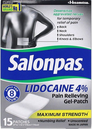 [1176752] Salonpas Lidocaína 4%, Parche Gel, Alivia Dolor, 15 Parches